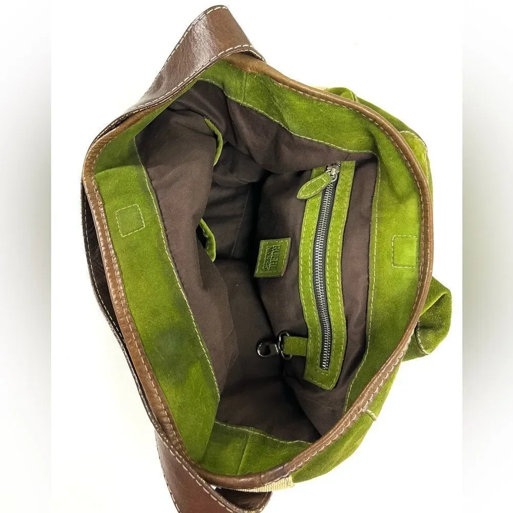 Vintage Ruehl No. 925 Green Suede and Brown Leather Tote